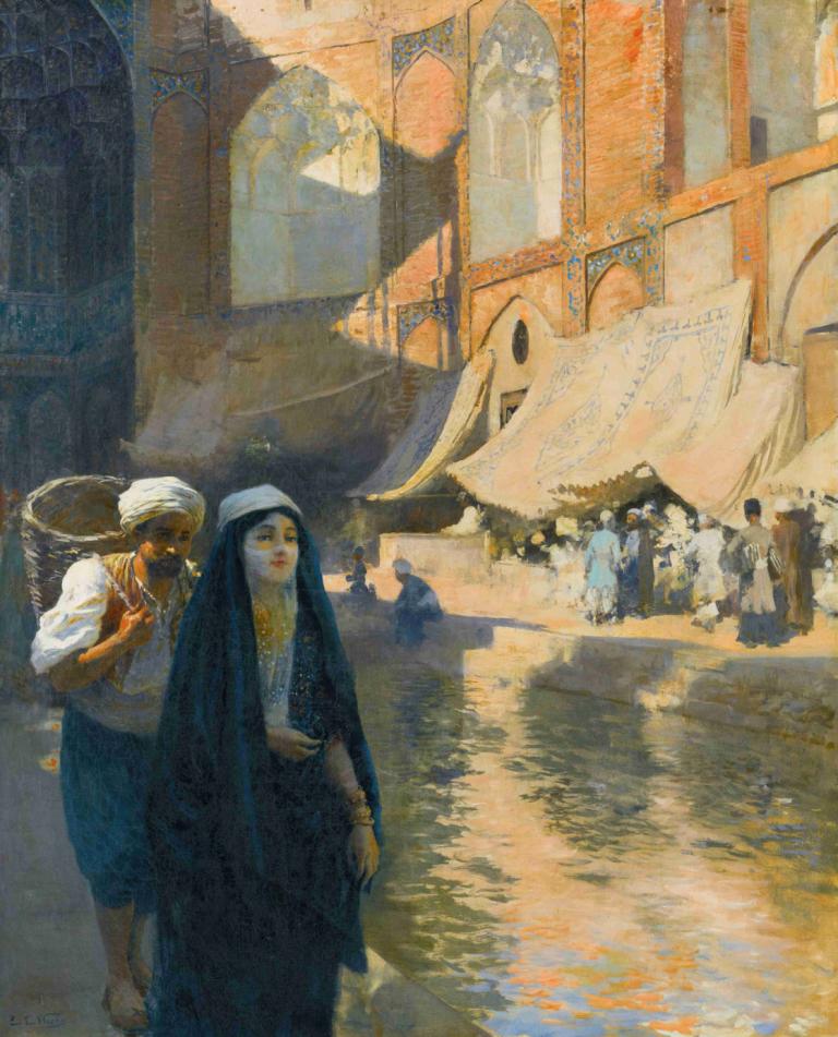 Isfahan bazaar,Isfahan-Basar,Edwin Lord Weeks,Ölgemälde,Ölgemälde, mehrere Mädchen, Kirche, Nonne, Wasser