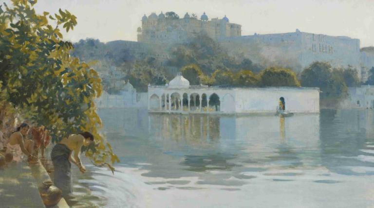 Lake At Oodeypore, India,Jezero v Oodeypore, Indija,Edwin Lord Weeks,Oljna slika,Oljna slika, drevo