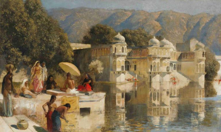 Lake at Oodeypore, India,Edwin Lord Weeks,Oil Painting,Oil Painting, multiple boys, outdoors, multiple girls