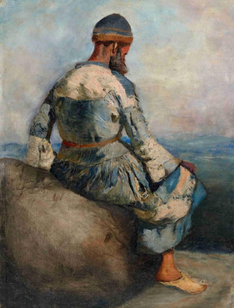 Persian Peasant Seated atop a Rock,Campesino persa sentado sobre una roca,Edwin Lord Weeks,Pintura al óleo