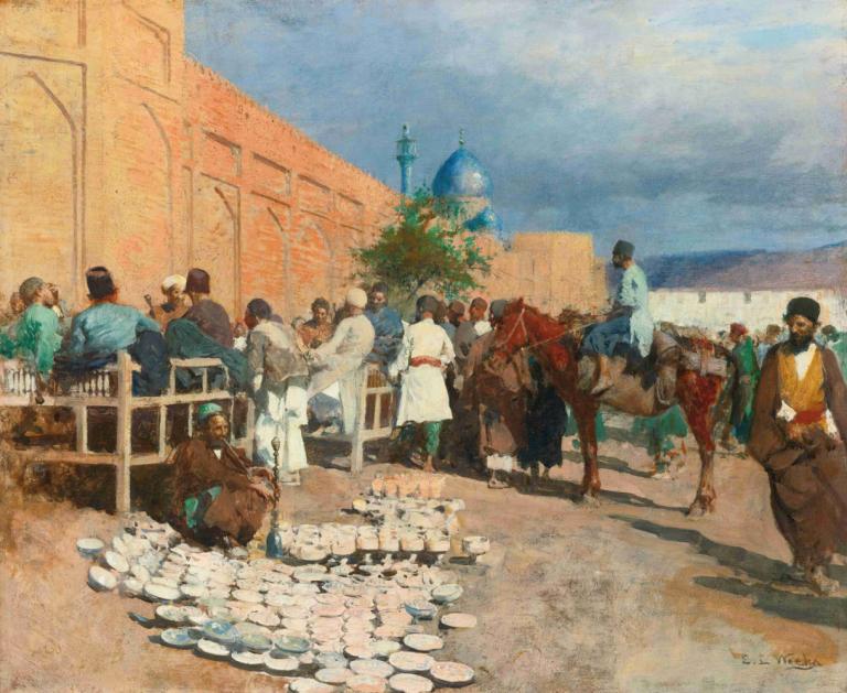 Persian café - the pottery seller,Café persa - el vendedor de cerámica,Edwin Lord Weeks,Pintura al óleo