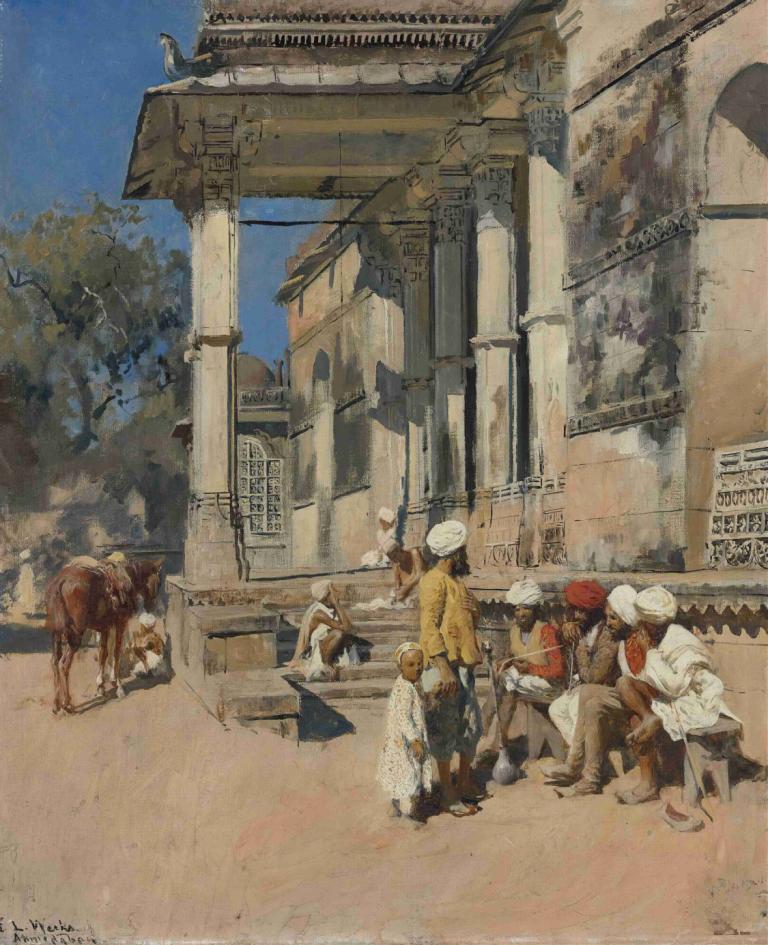 Portico Of A Mosque, Ahmedabad,モスクのポーティコ、アーメダバード,Edwin Lord Weeks,エドウィン・ロード・ウィークス,油絵,油絵, 帽子, 屋外, 複数の男の子, 空, 日