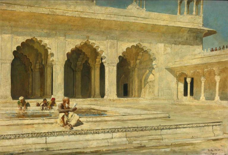 The Pearl Mosque, Agra,아그라, 펄 모스크,Edwin Lord Weeks,에드윈 로드 윅스,오일 페인팅,오일 페인팅, 여러 소년, 옥외, 기둥, 경치, 전통 미디어