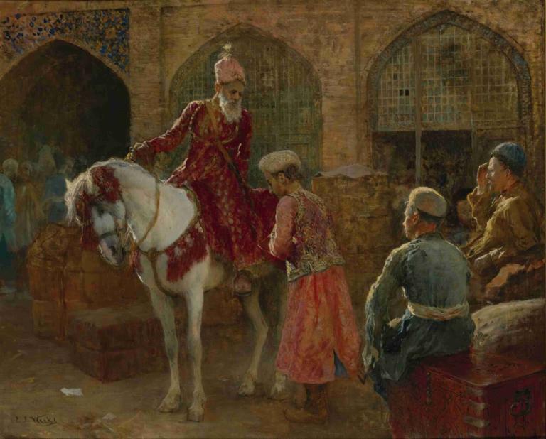 The grand vizier,Edwin Lord Weeks,Oil Painting,Oil Painting, multiple boys, horse, hat