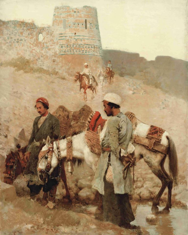 Traveling In Persia,Reisen in Persien,Edwin Lord Weeks,Ölgemälde,Ölgemälde, Pferd, mehrere Jungen, Hut