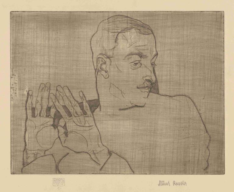 Arthur Roessler,Egon Schiele,Sketch,Sketch, 1boy, male focus, solo, monochrome, facial hair, mustache, sketch