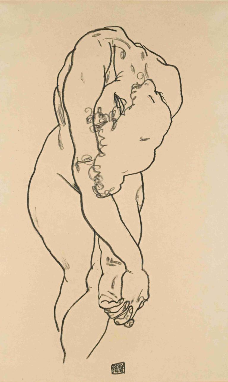 Bending Woman With Head Bowed And Crossed Hands,Egon Schiele,Sketch,Sketch, solo, nude, monochrome, 1girl