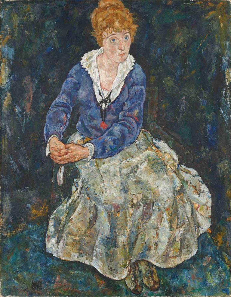 Bildnis der Frau des Künstlers, Edith Schiele,Egon Schiele,Oil Painting,Oil Painting, 1girl, solo, skirt