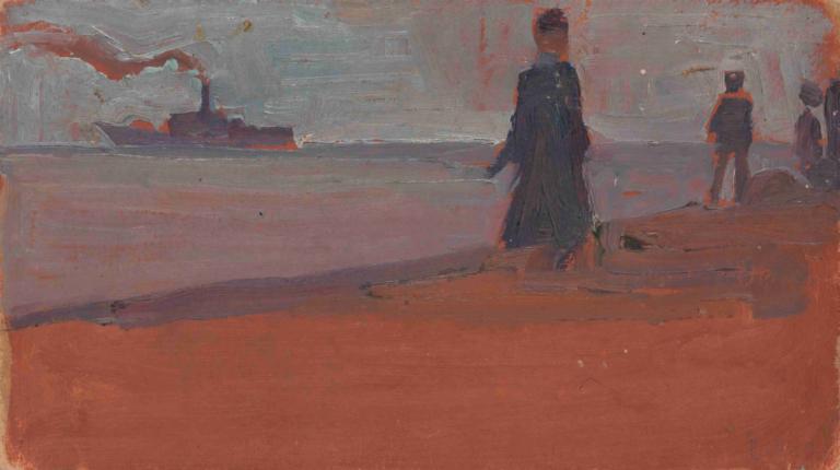 Dampfer vom Strand aus gesehen,Egon Schiele,Oil Painting,Oil Painting, multiple boys, short hair, standing