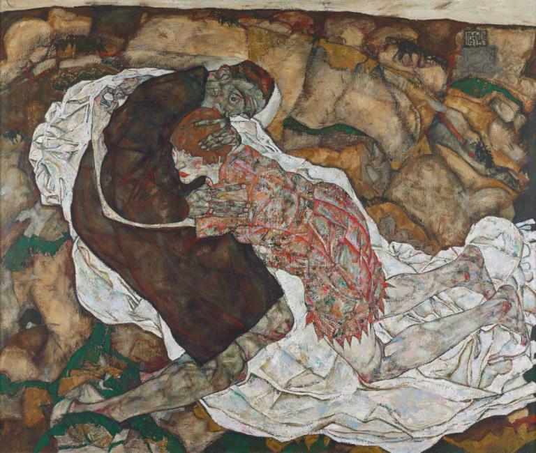 Death and girl,Egon Schiele,Oil Painting,Oil Painting, multiple boys, 1girl, hug, traditional media