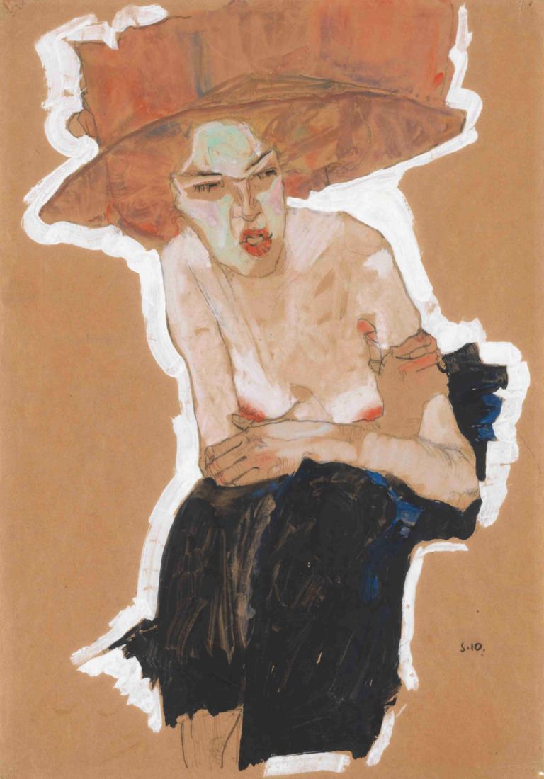 Die Hämische,Egon Schiele,Ölgemälde,Ölgemälde, Solo, 1Mädchen, Brüste, Hut, Brustwarzen, mittlere Brüste