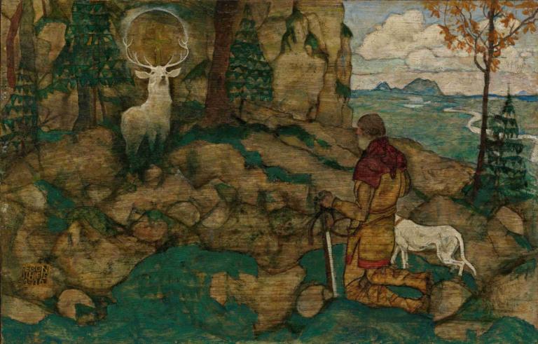 Die Vision Des Heiligen Hubertus (The Vision Of St. Hubert),Egon Schiele,Ölgemälde,Ölgemälde, 1Junge, Waffe