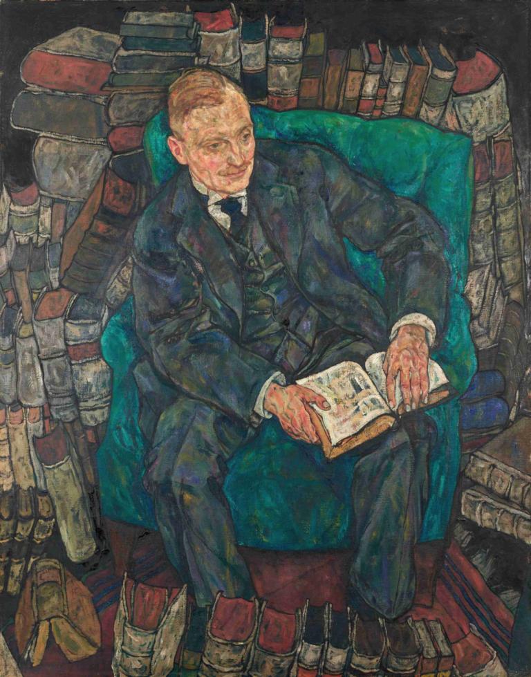 Dr. Hugo Koller,Egon Schiele,Oil Painting,Oil Painting, book, 1boy, male focus, sitting, solo, necktie