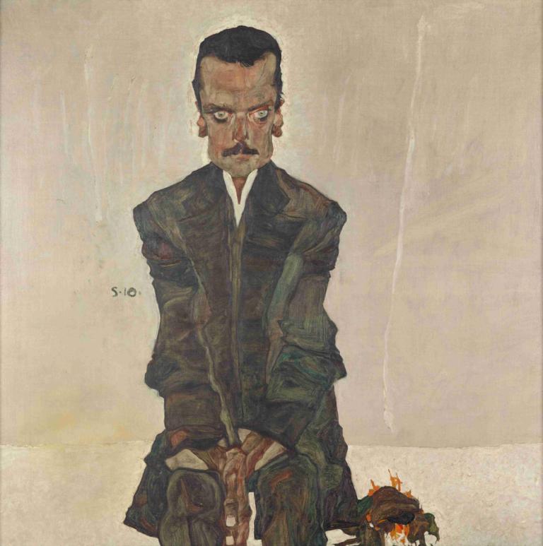 Eduard Kosmack,Egon Schiele,Oil Painting,Oil Painting, 1boy, male focus, solo, black hair, facial hair