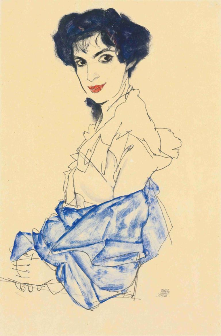 Elisabeth Lederer, Seated With Hands Folded,Egon Schiele,Color Sketch,Color Sketch, 1girl, solo, makeup