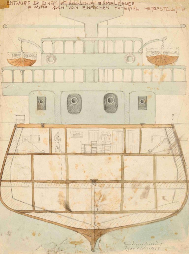 Entwurf zu einem Kriegsschiff-Spielzeug,Design for et krigsskipleketøy,Egon Schiele,Fargeskisse,Fargeskisse