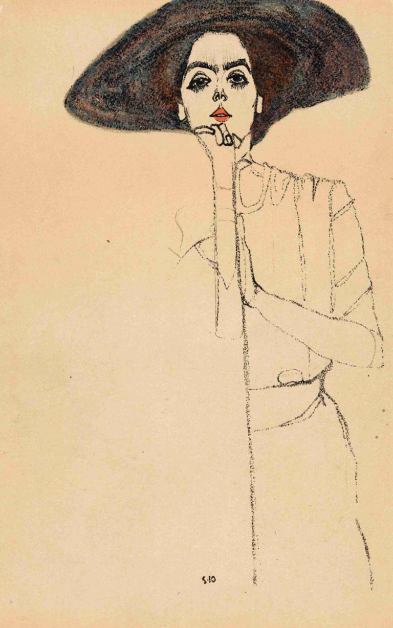 Frauenbildnis II,Egon Schiele,Color Sketch,Color Sketch, 1girl, solo, hat, dress, black hair