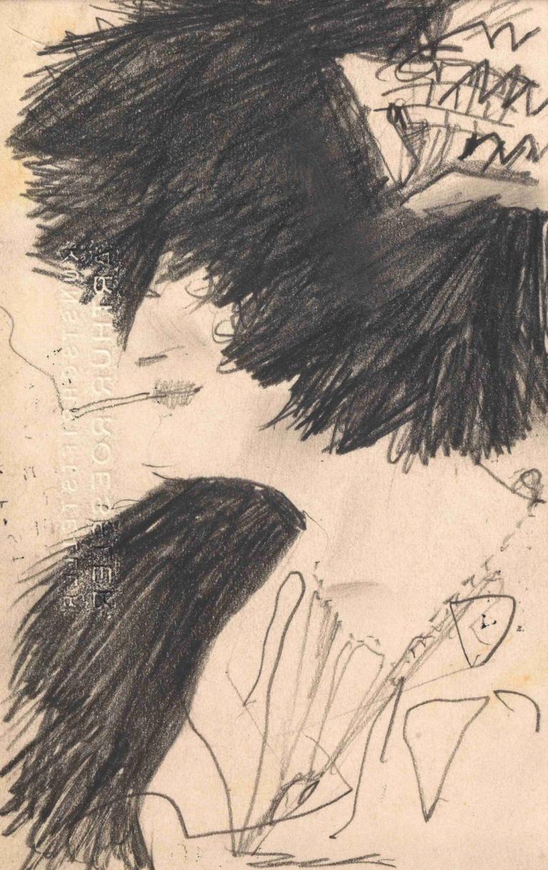 Grete Wolf,Egon Schiele,Sketch,Sketch, monochrome, bird, traditional media, solo, 1girl, crow, cigarette, 1boy