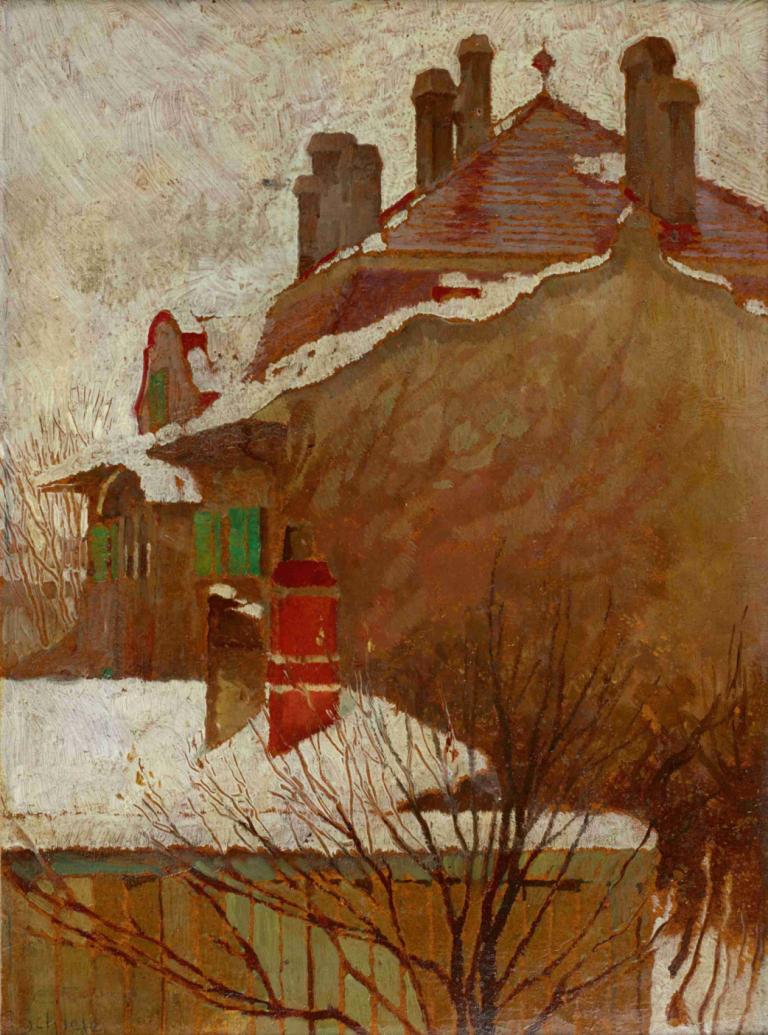 Häuser im Winter (Blick aus dem Atelier),Egon Schiele,Oil Painting,Oil Painting, tree, bare tree, stairs