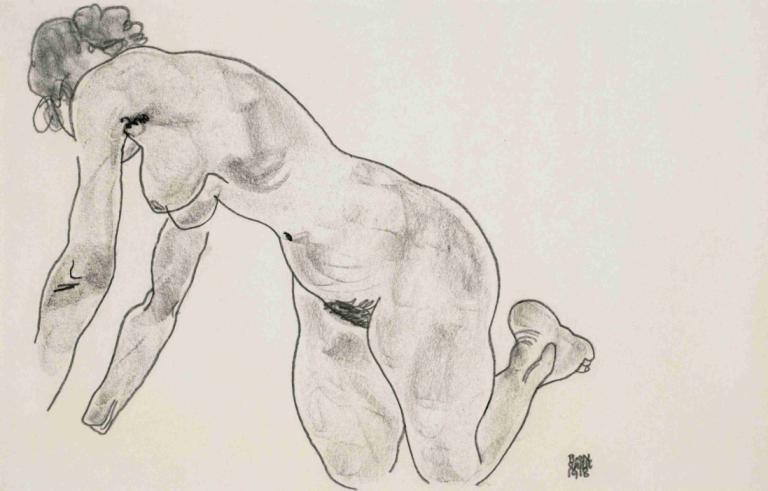 Hockender weiblicher Akt,Nu féminin accroupi,Egon Schiele,Croquis,Croquis, 1fille, solo, nu, seins