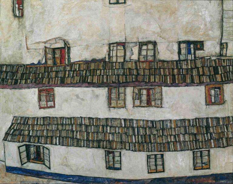 House wall (window),Egon Schiele,Oil Painting,Oil Painting, traditional media, no humans, bookshelf, building