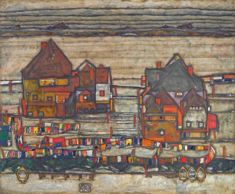 Houses With Laundry (Suburb II),Egon Schiele,Oil Painting,Oil Painting, no humans, traditional media