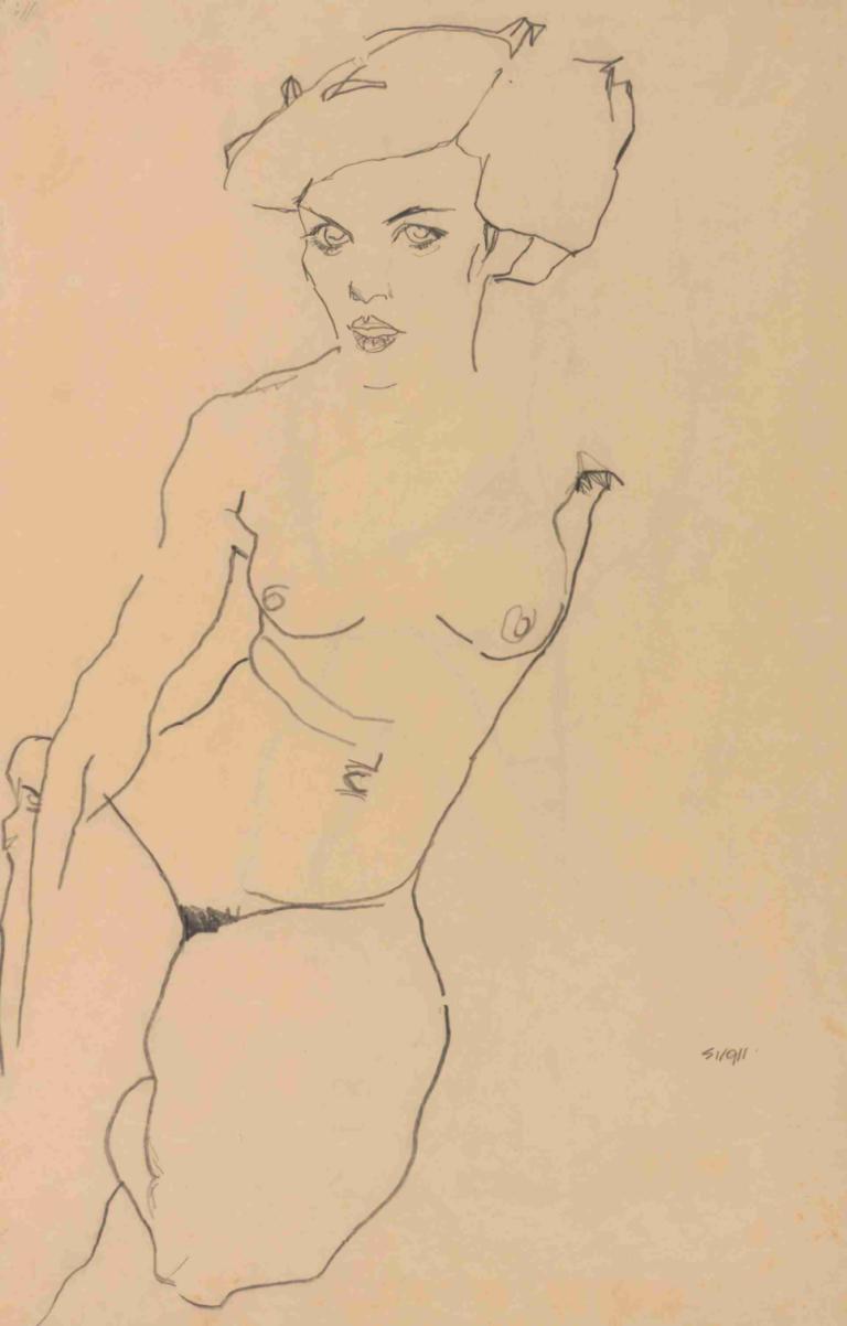 Kneeling Female Nude,Egon Schiele,Sketch,Sketch, 1girl, solo, nipples, breasts, nude, female pubic hair