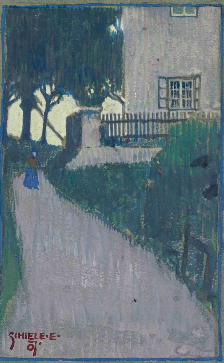 Landscape With House, Trees And Female Figure,房屋、樹木和女性形象的景觀,Egon Schiele,埃貢·希勒,油畫,油畫, 樹, 1個女孩, 鳥, 戶外, 獨奏, 裙子