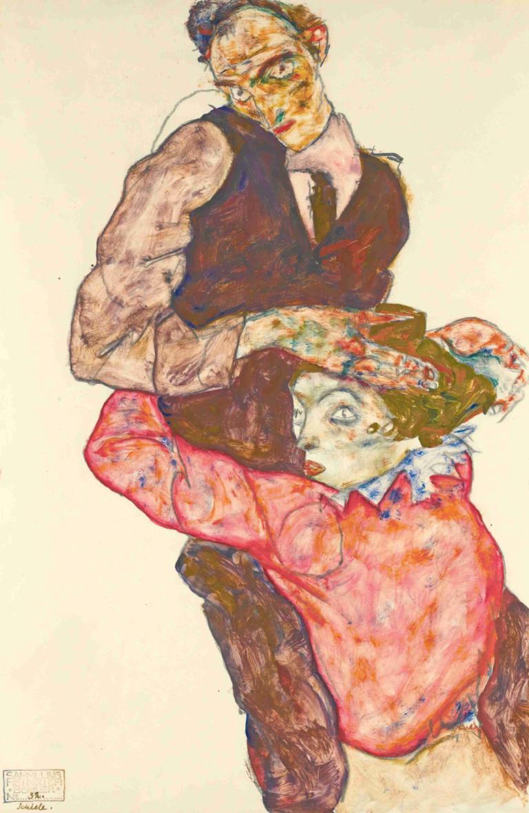 Lovers - Self-Portrait With Wally,Pecinta - Potret Diri Bersama Wally,Egon Schiele,Sketsa Warna,Sketsa Warna