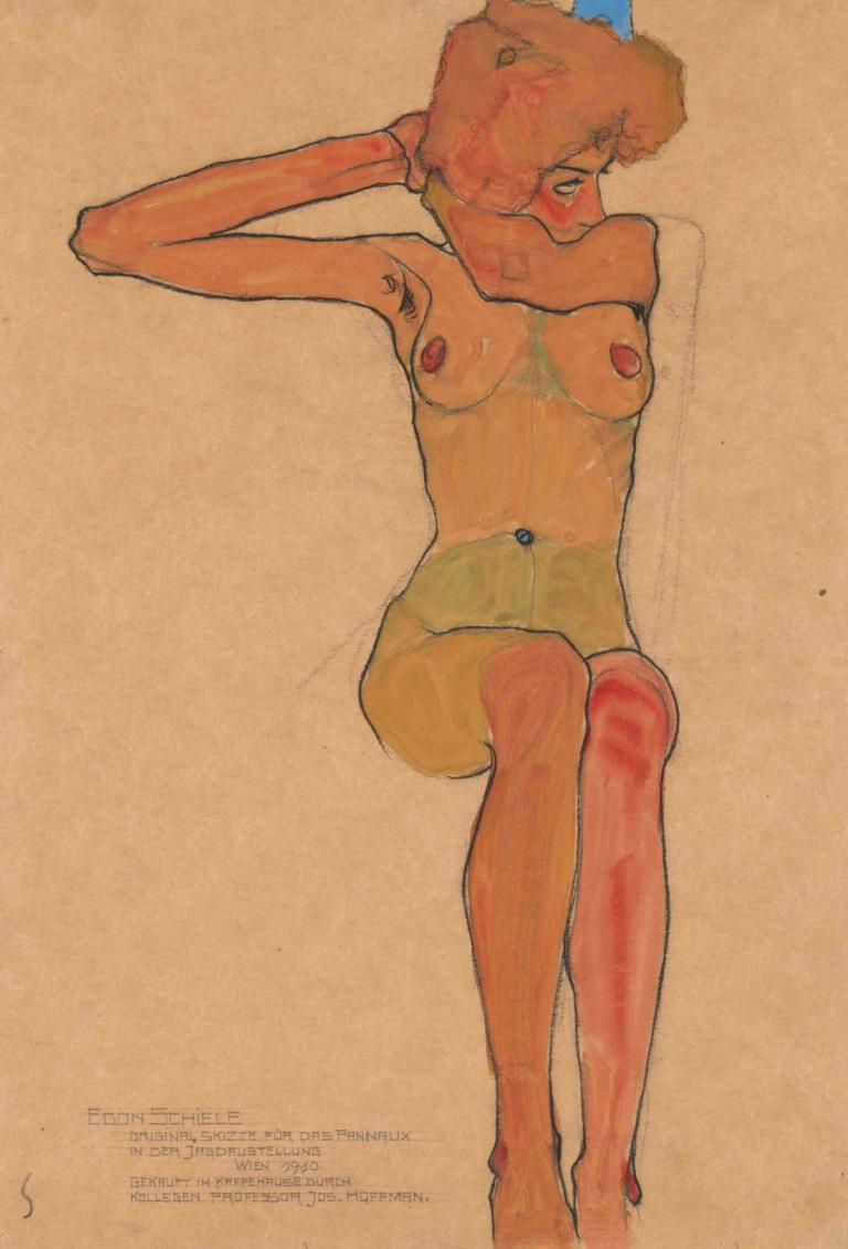 Mädchenakt (Gertrude),Gadis telanjang (Gertrude),Egon Schiele,Sketsa Warna,Sketsa Warna, 1 gadis, solo