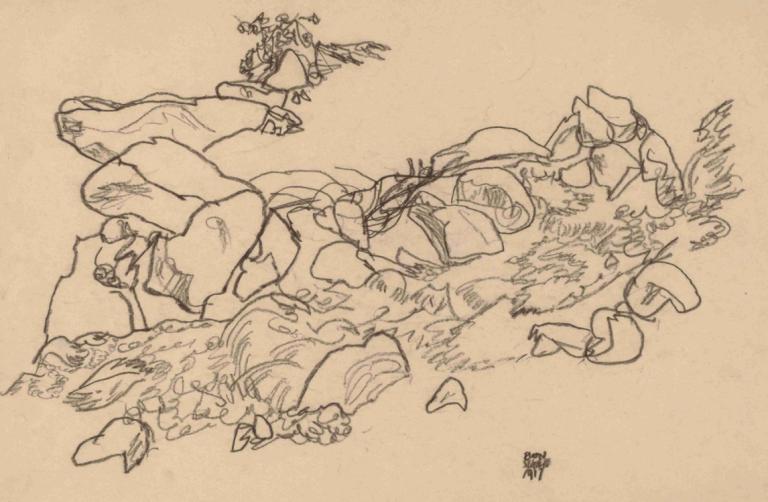 Mountain Stream,Aliran Gunung,Egon Schiele,Sketsa,Sketsa, satu warna, media tradisional, batu, 1 gadis