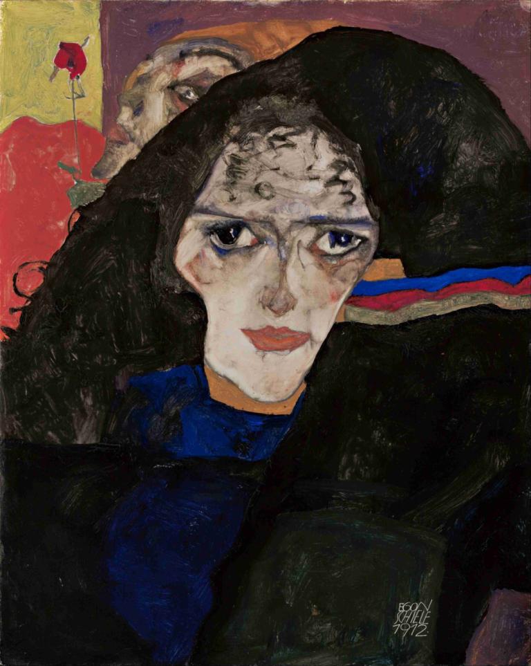 Mourning Woman,Egon Schiele,Oil Painting,Oil Painting, 1girl, black hair, solo, blue eyes, long hair