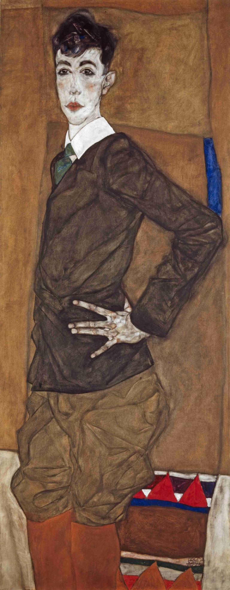 Portrait of Erich Lederer,Portret van Erich Lederer,Egon Schiele,Olieverf,Olieverf, solo, 1 jongen, stropdas