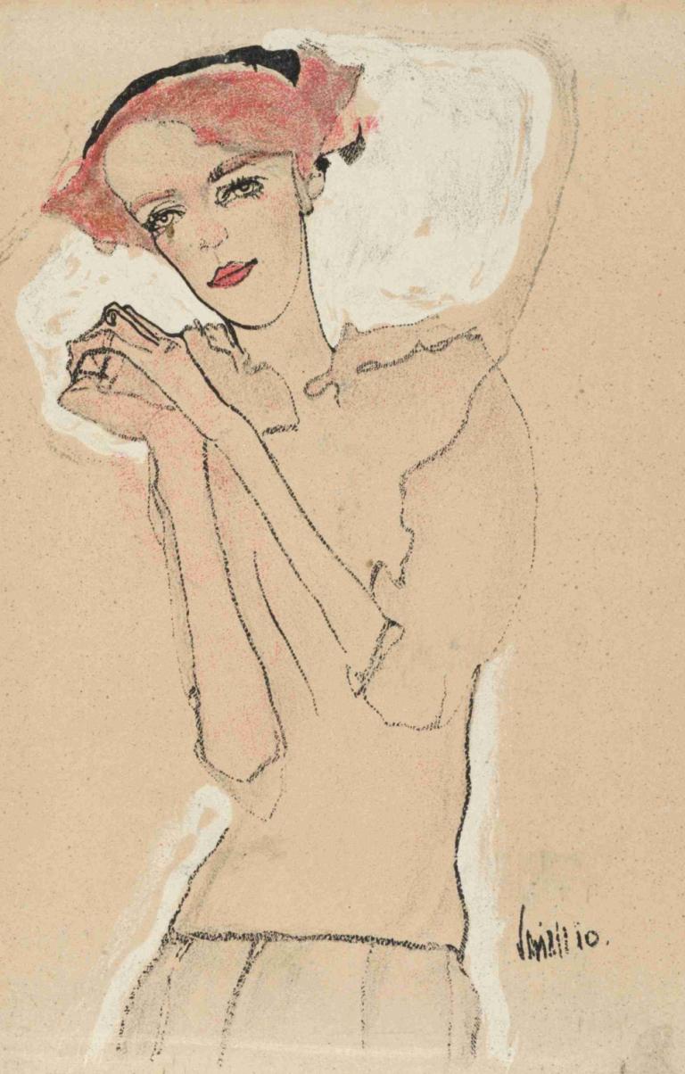 Portrait of a Woman,Portret van een vrouw,Egon Schiele,Kleurenschets,Kleurenschets, 1meisje, solo