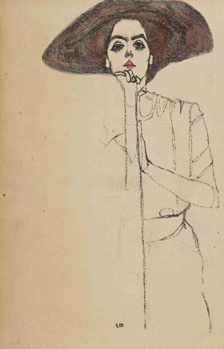 Portrait of a Woman,Portret van een vrouw,Egon Schiele,Kleurenschets,Kleurenschets, 1meisje, solo, hoed, jurk