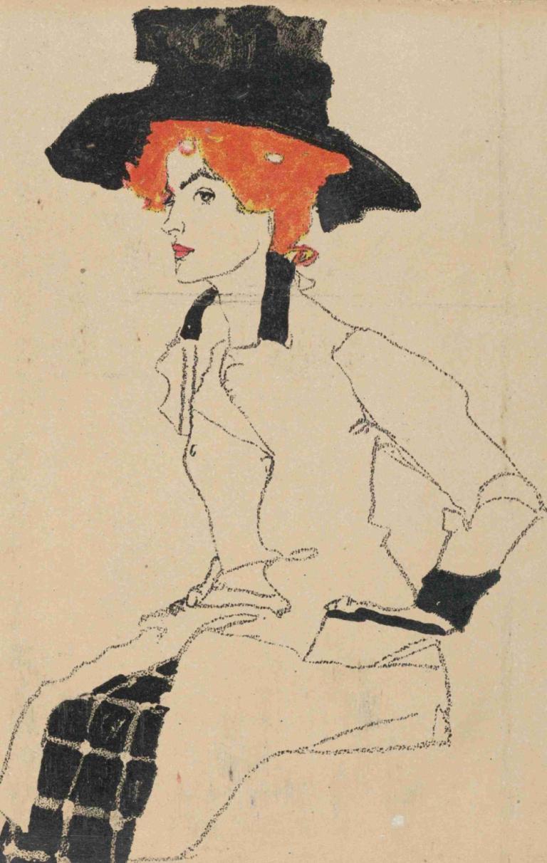 Portrait of a Woman.,Portret van een vrouw.,Egon Schiele,Kleurenschets,Kleurenschets, solo, hoed, 1meisje