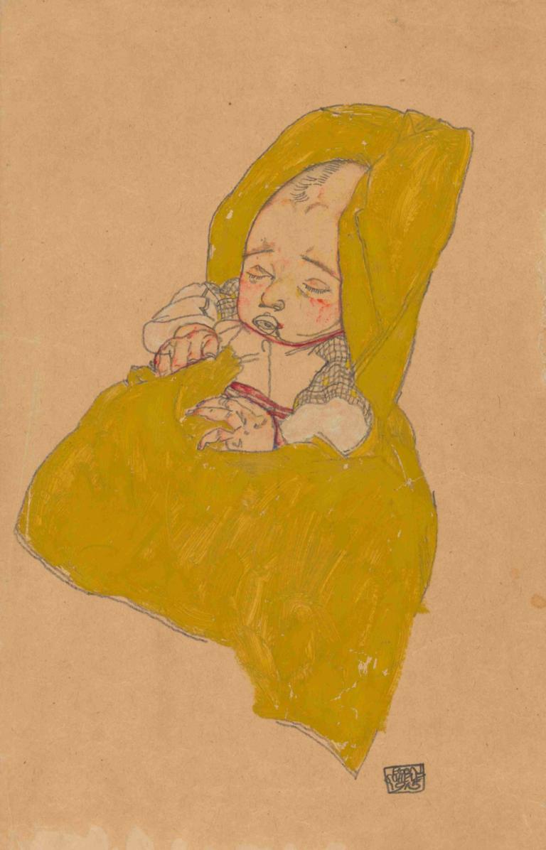 Säugling im Wickelpolster,Baby in aankleedkussen,Egon Schiele,Olieverf,Olieverf, solo, voedsel