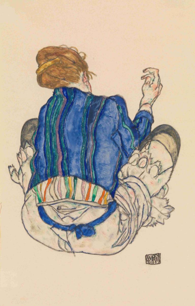 Seated Woman, Back View,Καθιστή γυναίκα, οπίσθια όψη,Egon Schiele,Έγχρωμο σκίτσο,Έγχρωμο σκίτσο, 1 κορίτσι