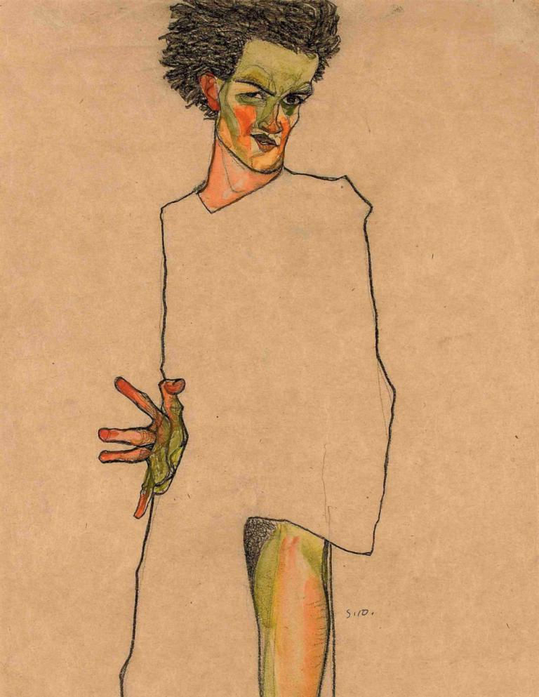 Selbstbildnis,Αυτοπροσωπογραφία,Egon Schiele,Έγχρωμο σκίτσο,Έγχρωμο σκίτσο, μονοφωνία, 1 αγόρι