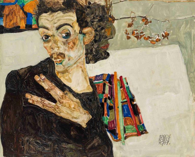 Selbstbildnis,Αυτοπροσωπογραφία,Egon Schiele,Ελαιογραφία,Ελαιογραφία, μονοφωνία, μαύρο πουκάμισο