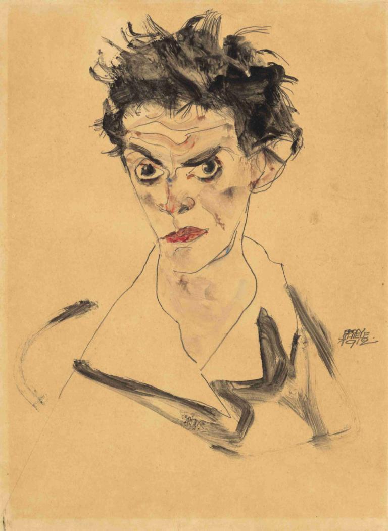 Self-Portrait,Αυτοπροσωπογραφία,Egon Schiele,Έγχρωμο σκίτσο,Έγχρωμο σκίτσο, μονοφωνία, 1 αγόρι