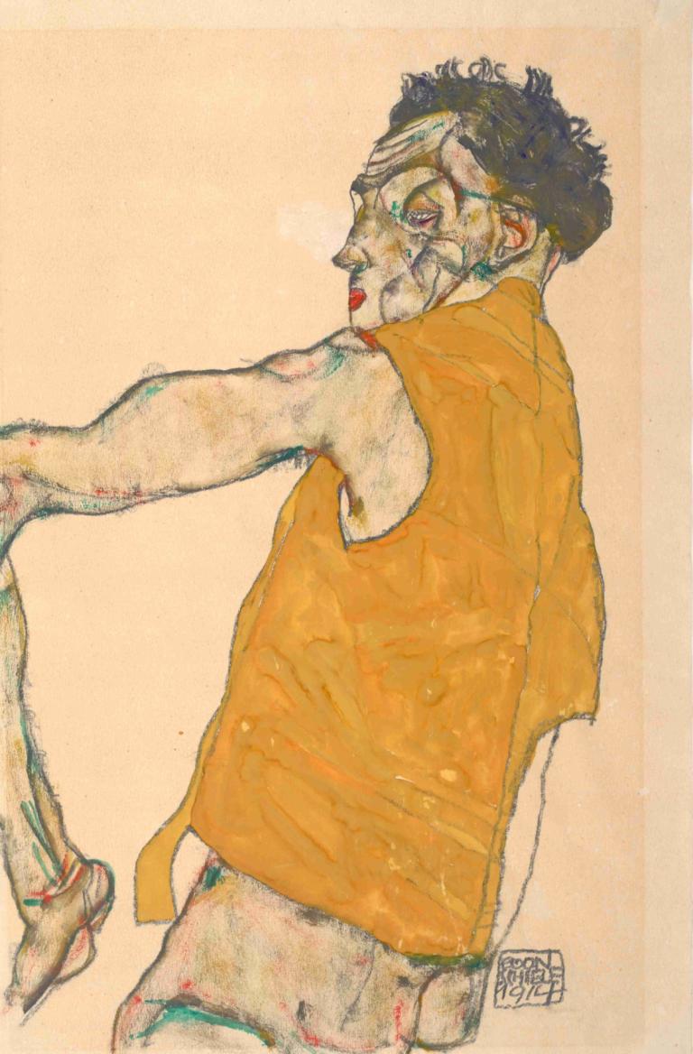 Self-Portrait In Yellow Vest, 1914,Αυτοπροσωπογραφία με κίτρινο γιλέκο, 1914,Egon Schiele,Έγχρωμο σκίτσο