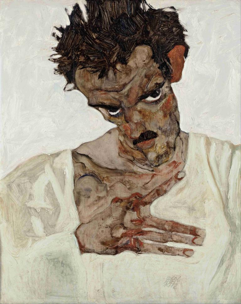 Self-Portrait With Lowered Head,Zelfportret met neergeslagen hoofd,Egon Schiele,Kleurenschets,Kleurenschets