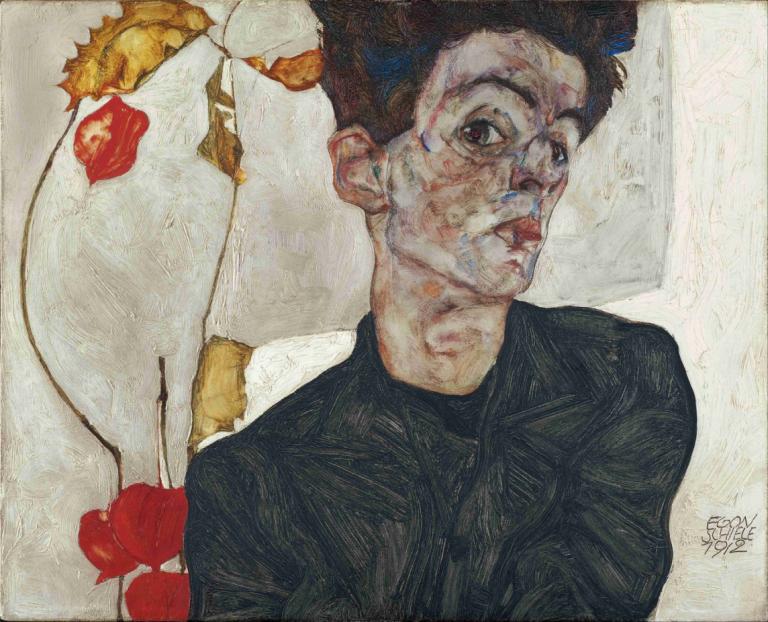 Self-Portrait With Physalis,Zelfportret met Physalis,Egon Schiele,Olieverf,Olieverf, 1 jongen