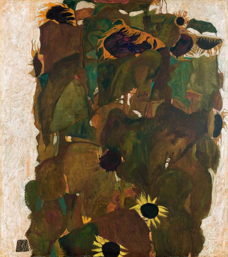 Sonnenblumen I,Zonnebloemen I,Egon Schiele,Olieverf,Olieverf, zonnebloem, bloem, 1meisje, solo