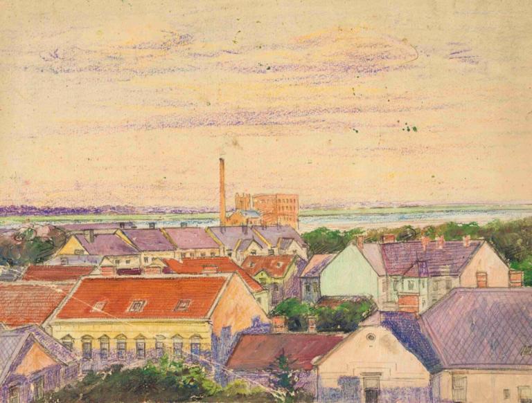 Stadtansicht,Stadsgezicht,Egon Schiele,Olieverf,Olieverf, geen mensen, landschap, buitenshuis, gebouw, huis