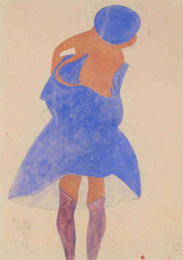 Standing Girl, Back View,Staand meisje, achteraanzicht,Egon Schiele,Olieverf,Olieverf, solo, 1meisje