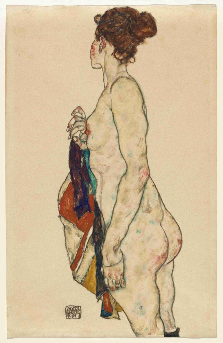 Standing Nude with a Patterned Robe,Naakt staan met een badjas met patroon,Egon Schiele,Kleurenschets