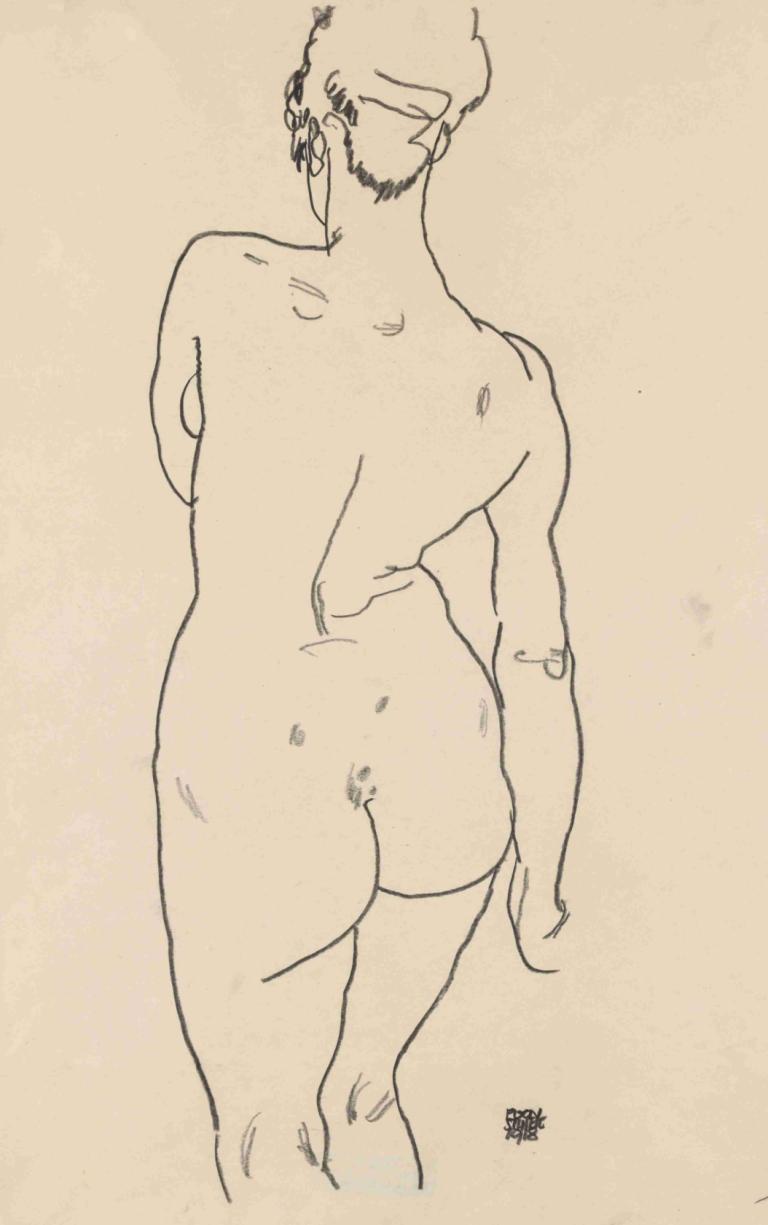 Weiblicher Rückenakt,Wanita punggung telanjang,Egon Schiele,Sketsa,Sketsa, pantat, telanjang, solo