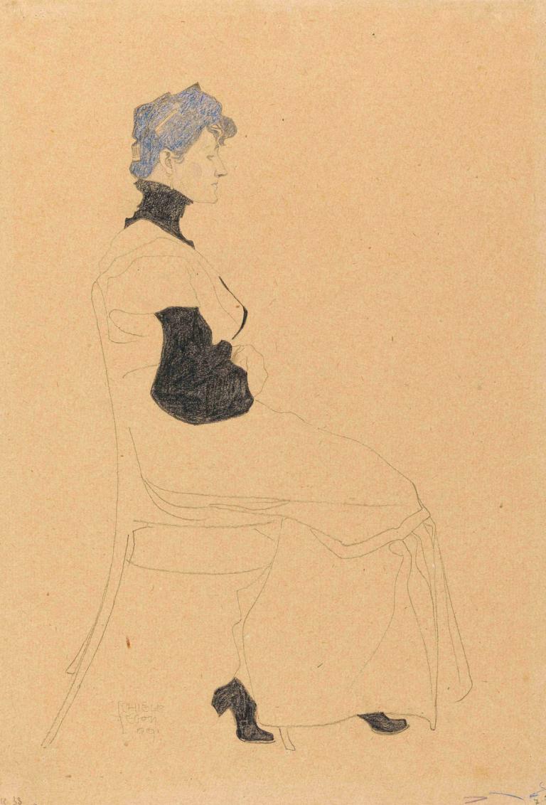 Woman in Profile, Seated in a Chair,Wanita dalam Profil, Duduk di Kursi,Egon Schiele,Sketsa Warna